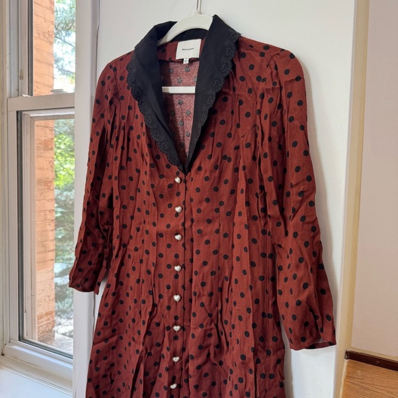 Reformation Galene Dress Mini Short Pearl Heart Sleeve Fig Jam Dot 2 - Picture 6 of 12